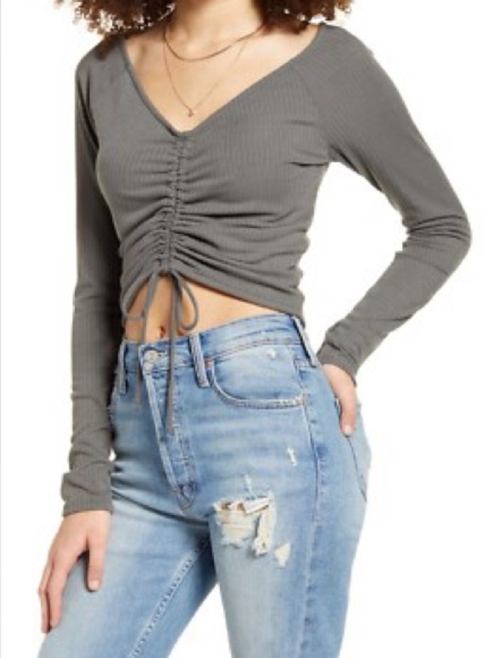 Kittenish Gray Ruched Tie Front Blouse